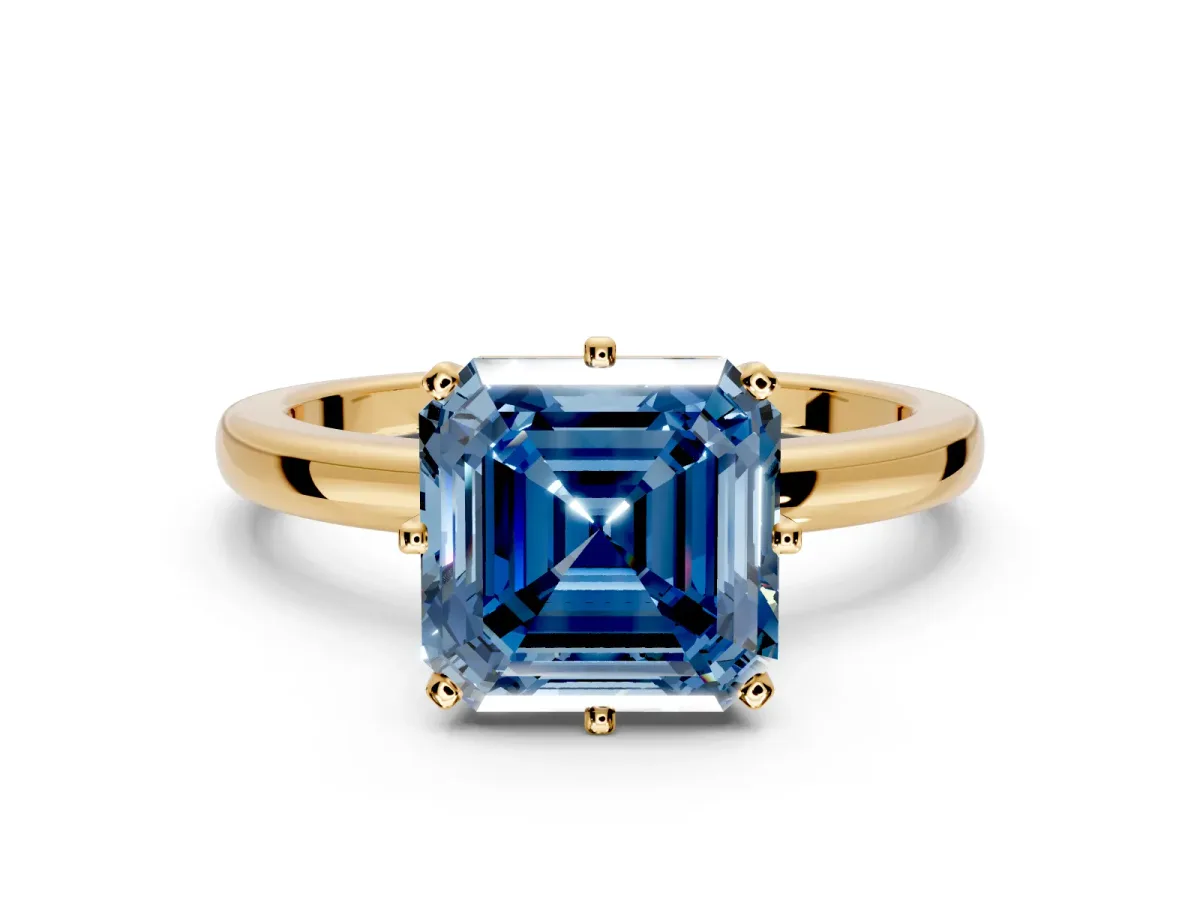 Solitaire Engagement Ring Setting for Fancy Blue Asscher Cut Center with Plain Band and Tulip Prong Head in Yellow Gold