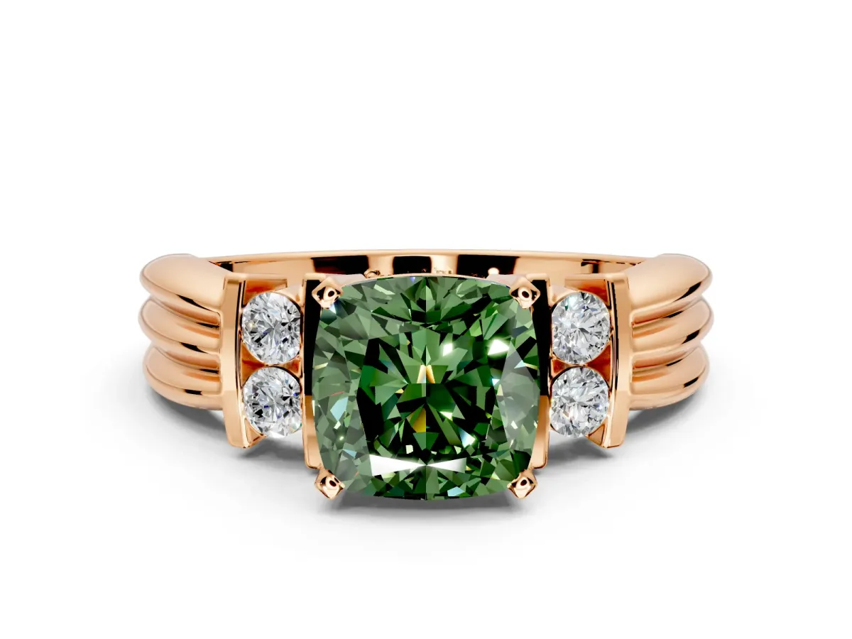 Solitaire Engagement Ring Setting for Fancy Green Cushion Cut Center with Grooved Bar Accent Band and Prong Head in Rose Gold