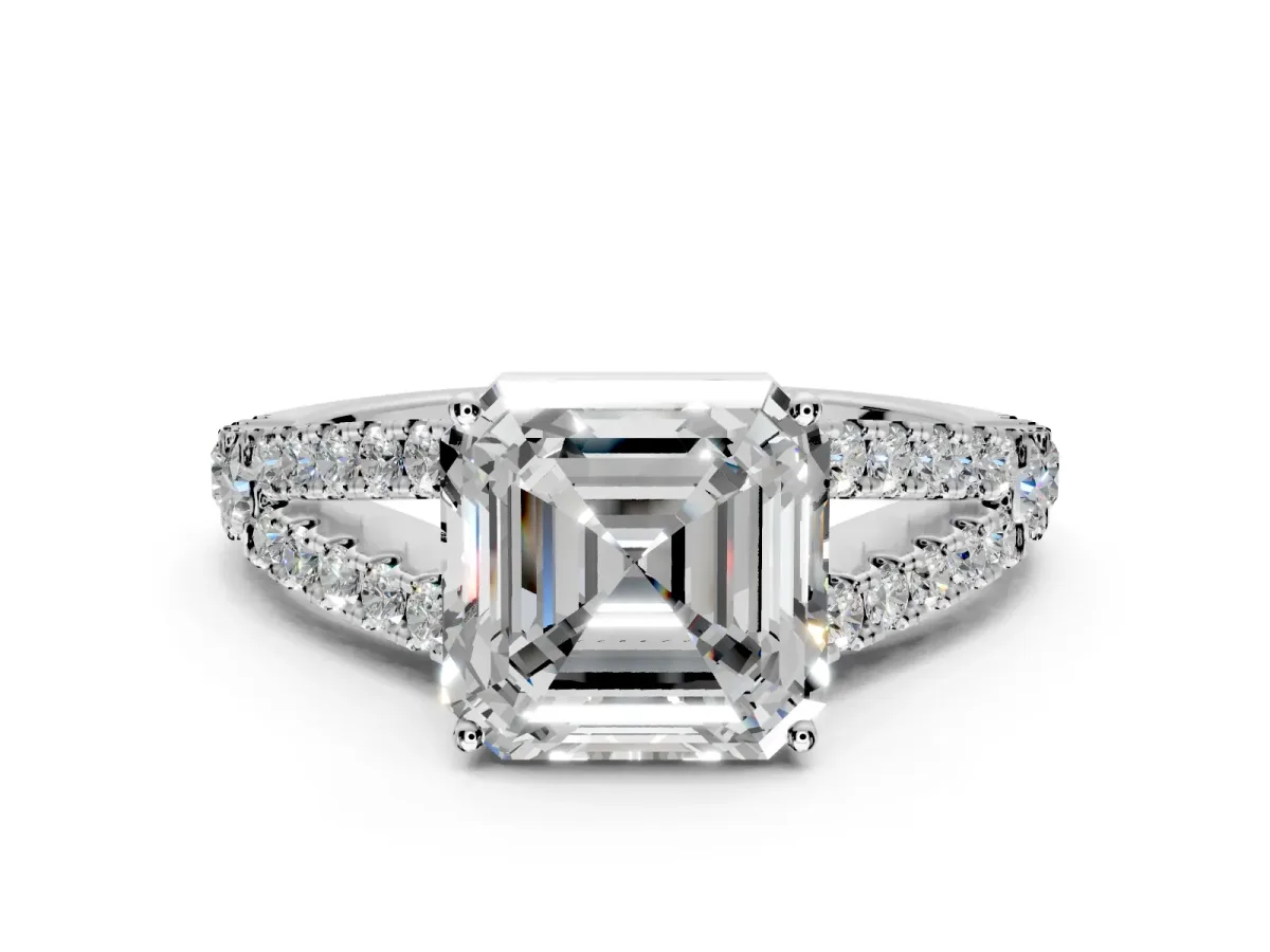 Solitaire Engagement Ring Setting for Asscher Cut Center with Pave Split Shank and Prong Head in Sterling Silver
