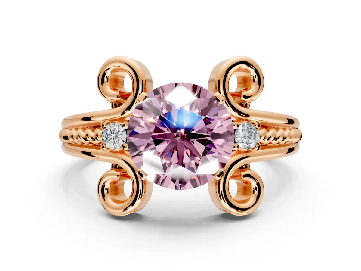 Solitaire Engagement Ring Setting for Fancy Pink Round Cut Center with Twisted Band and Scroll Prong Head in Rose Gold