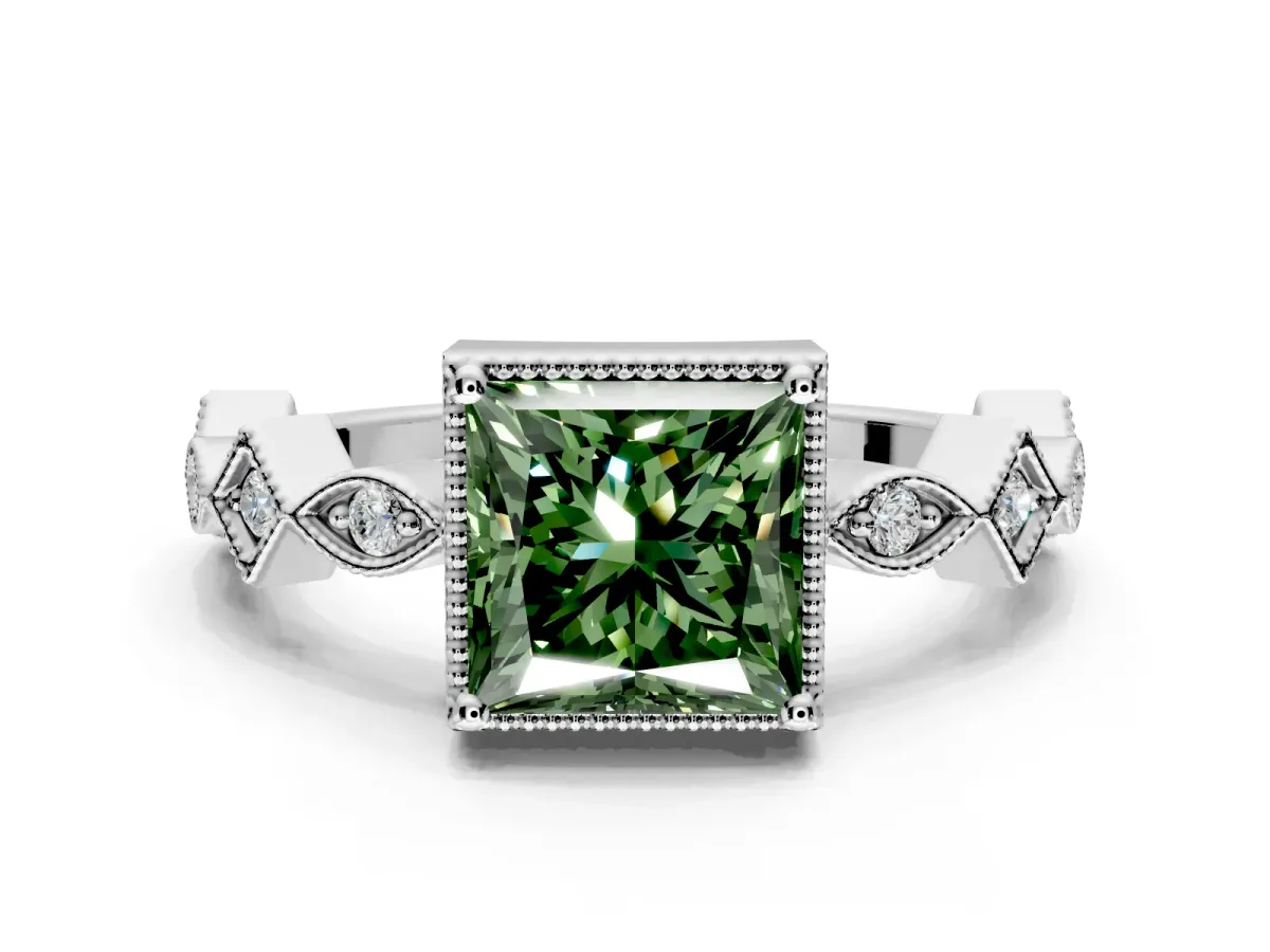 Milgrain Bezel Engagement Ring Setting for Fancy Green Princess Cut Center with Marquise Stations and Bezel Head in Sterling Silver