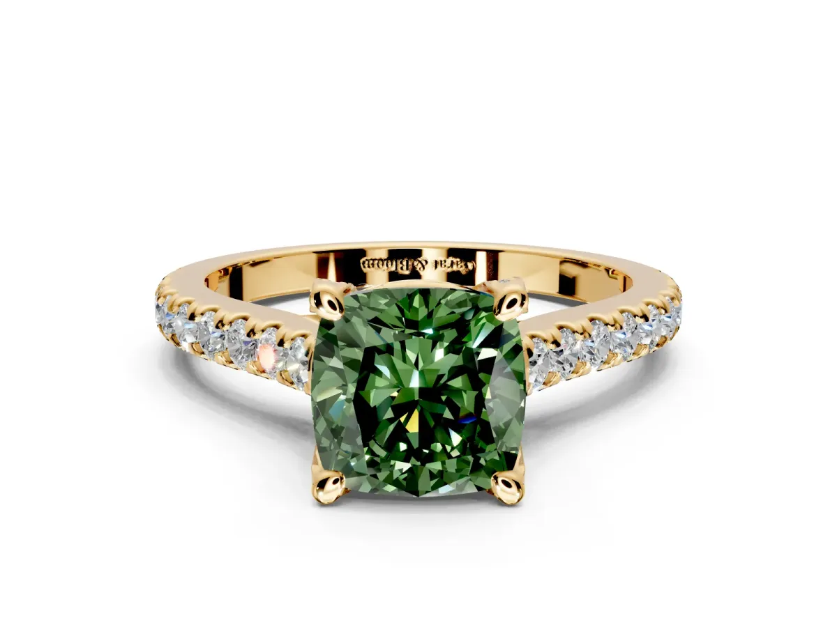 Solitaire Engagement Ring Setting for Fancy Green Cushion Cut Center with Widening Pave Band and Claw Prong Head in Yellow Gold