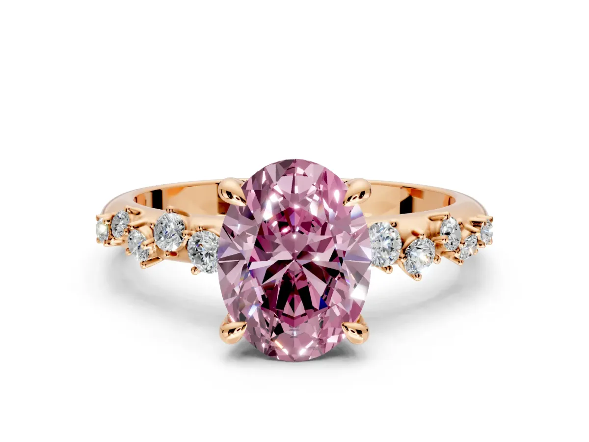 Solitaire Engagement Ring Setting for Fancy Pink Oval Center with Trailing Leaf Accent Band and Prong Head in Rose Gold