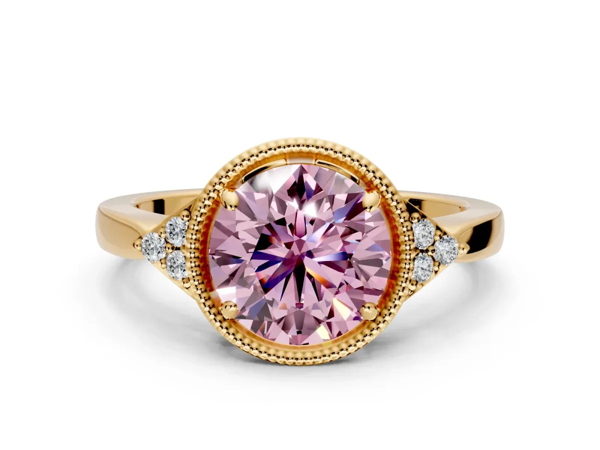 Cluster Engagement Ring Setting for Fancy Pink Round Cut Center with Milgrain Shoulder Clusters and Prong Head in Yellow Gold
