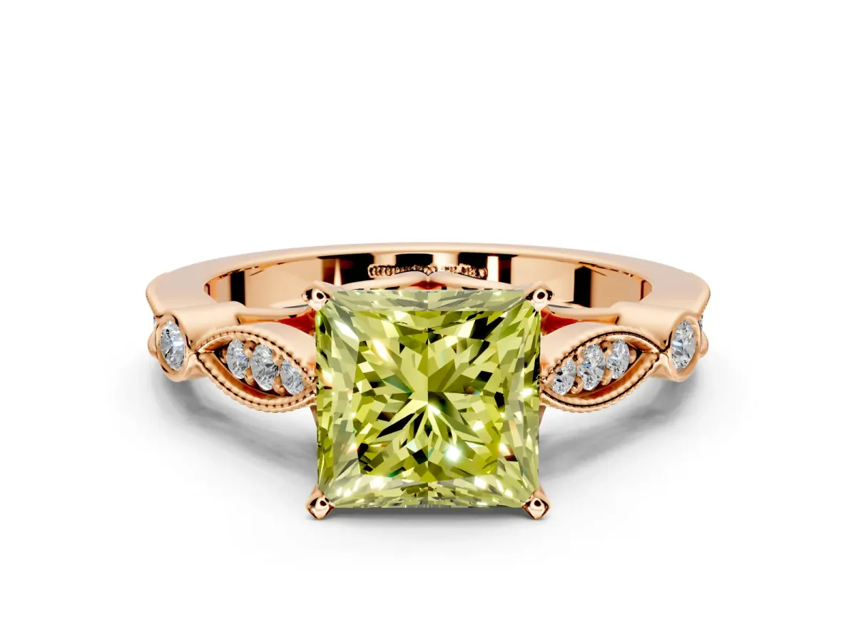 Solitaire Engagement Ring Setting for Fancy Yellow Princess Cut Center with Marquise and Bezel Accents and Prong Head in Rose Gold