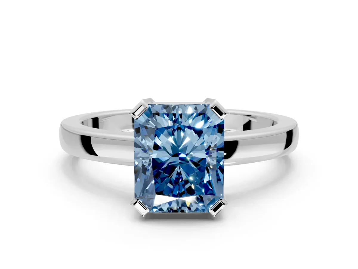Solitaire Engagement Ring Setting for Fancy Blue Radiant Cut Center with Plain Band and Flat Tab Prong Head in Platinum