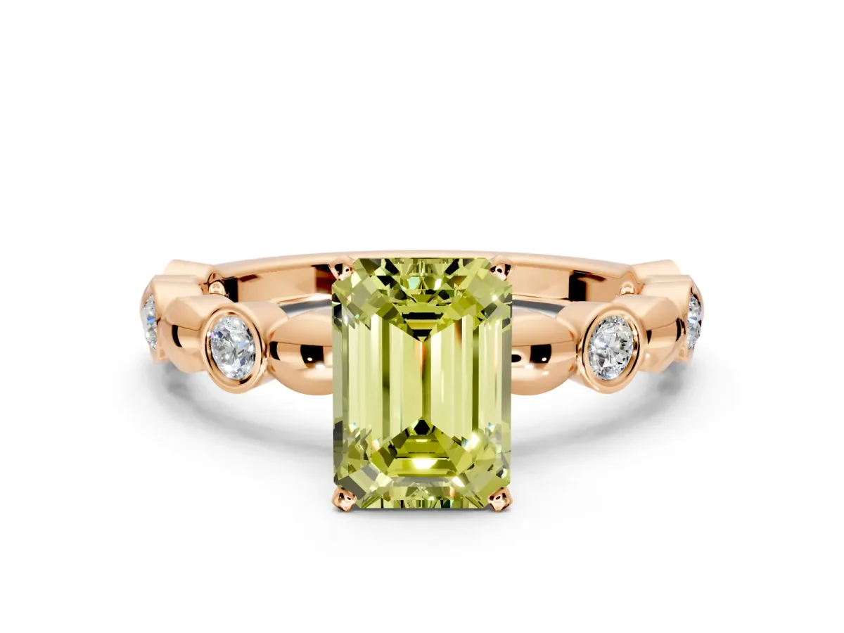 Solitaire Engagement Ring Setting for Fancy Yellow Emerald Cut Center with Beaded Bezel Station Band and Prong Head in Rose Gold