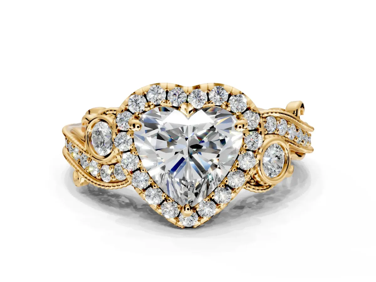 Milgrain Halo Engagement Ring Setting for Heart-Shaped Center with Shoulder Bezels and Prong Head in Yellow Gold