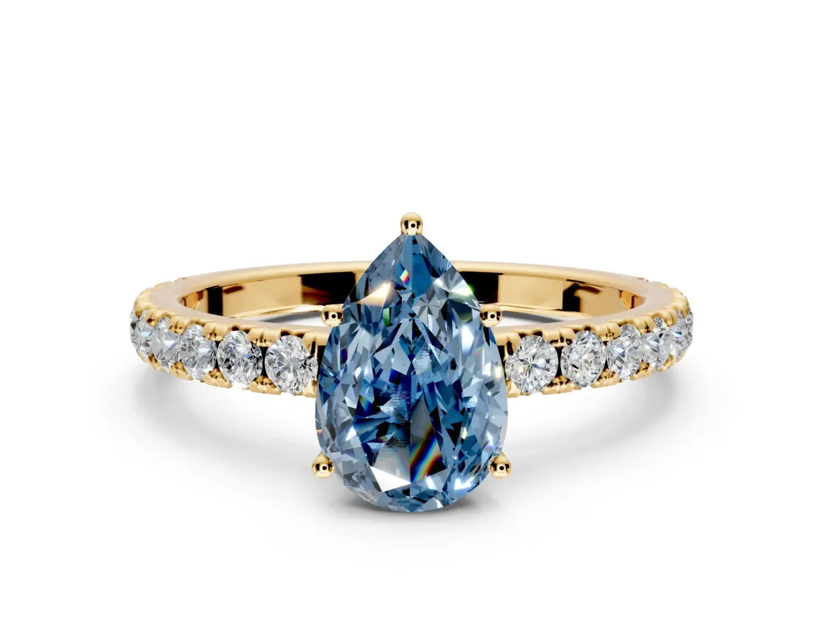 Solitaire Engagement Ring Setting for Fancy Blue Pear-Shaped Center with Large Accent Band and Prong Head in Yellow Gold