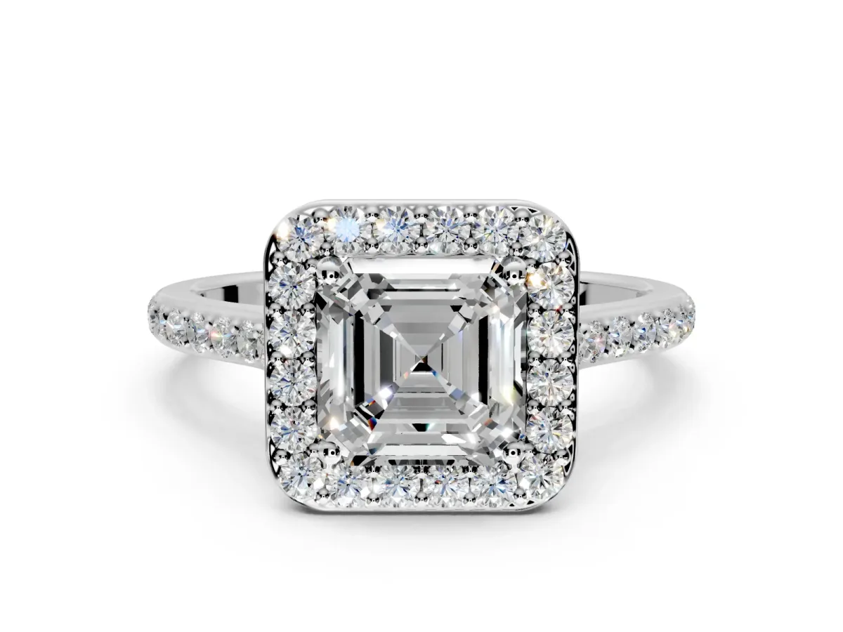 Halo Engagement Ring Setting for Asscher Cut Center with Pave Accents, Heart Basket and Prong Head in Platinum