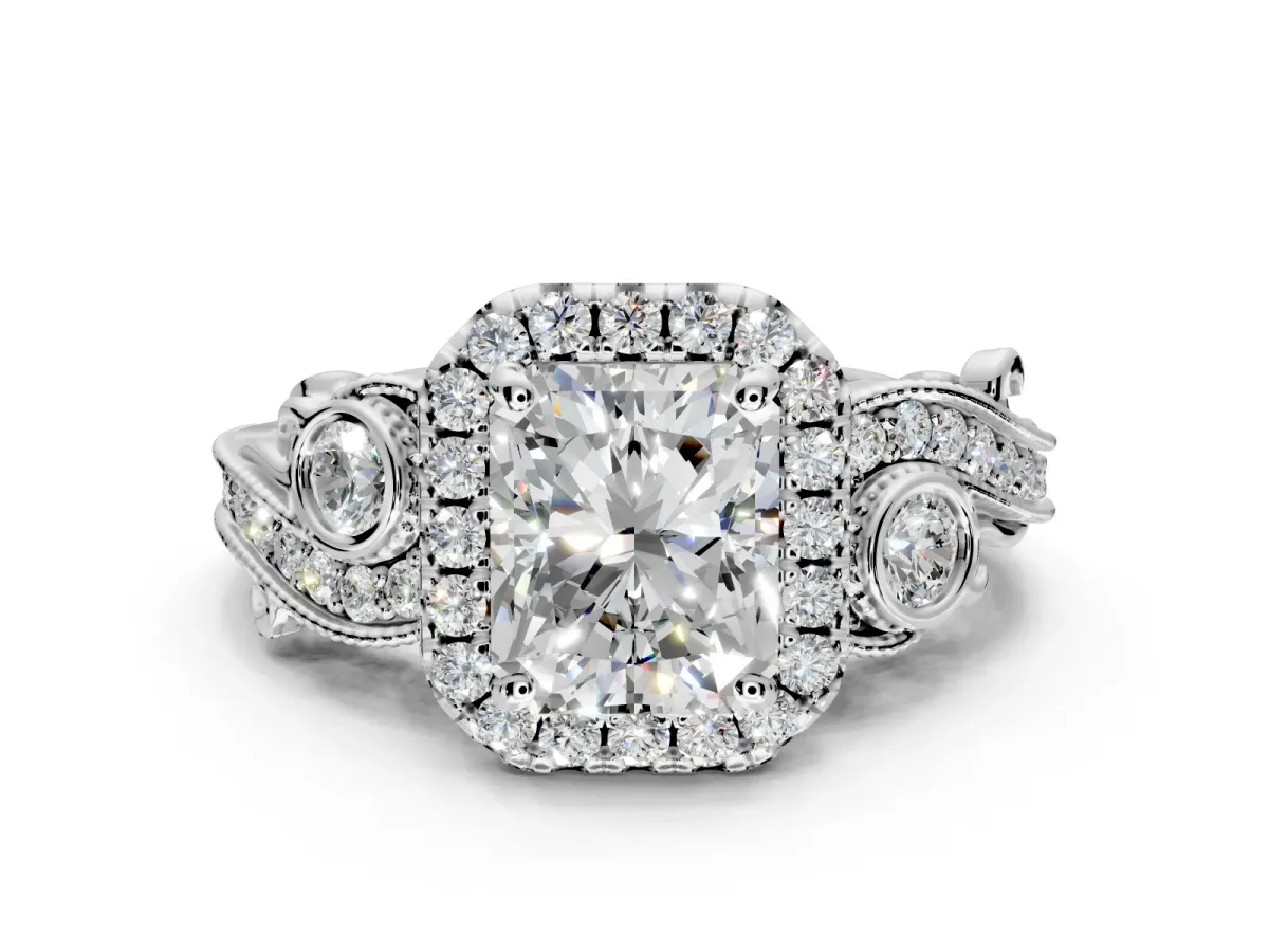 Milgrain Halo Engagement Ring Setting for Radiant Cut Center with Shoulder Bezels and Prong Head in Sterling Silver