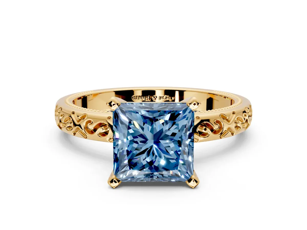 Solitaire Engagement Ring Setting for Fancy Blue Princess Cut Center with Scrollwork Band and Prong Head in Yellow Gold