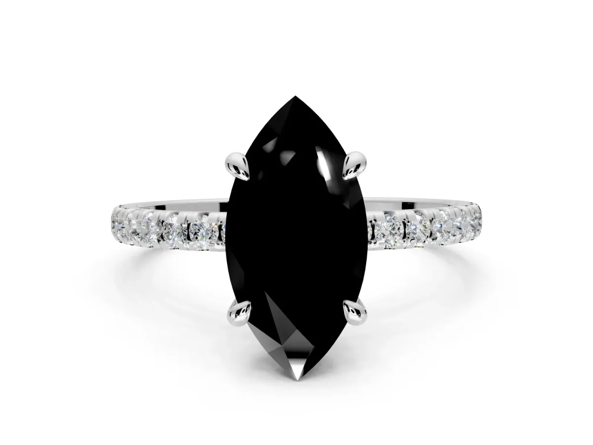 Solitaire Engagement Ring Setting for Fancy Black Marquise Center with Fine Pave Narrow Band and Prong Head in Sterling Silver