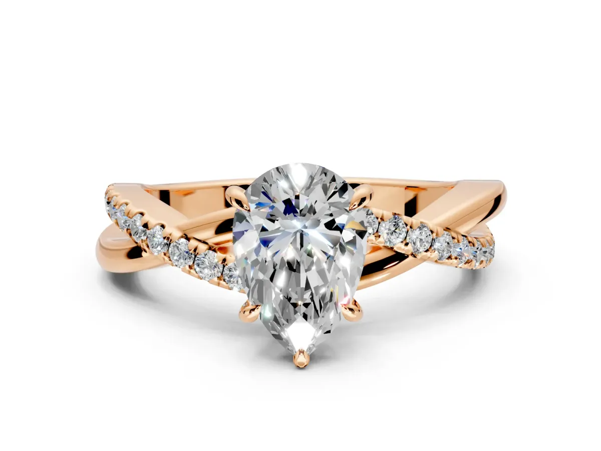 Crossover Engagement Ring Setting for Pear-Shaped Center with Pave and Plain Strands and Prong Head in Rose Gold