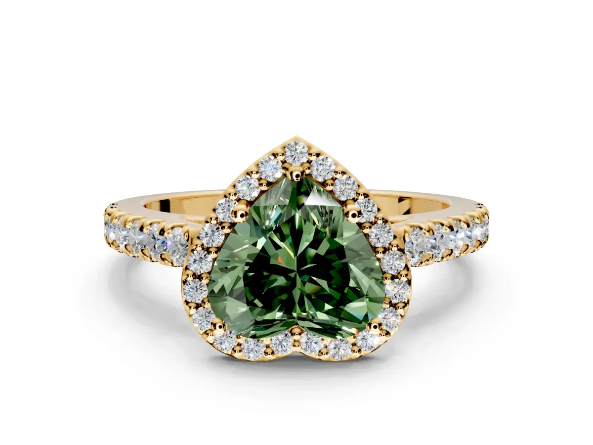 Halo Engagement Ring Setting for Fancy Green Heart-Shaped Center with Full Pave Band and Prong Head in Yellow Gold