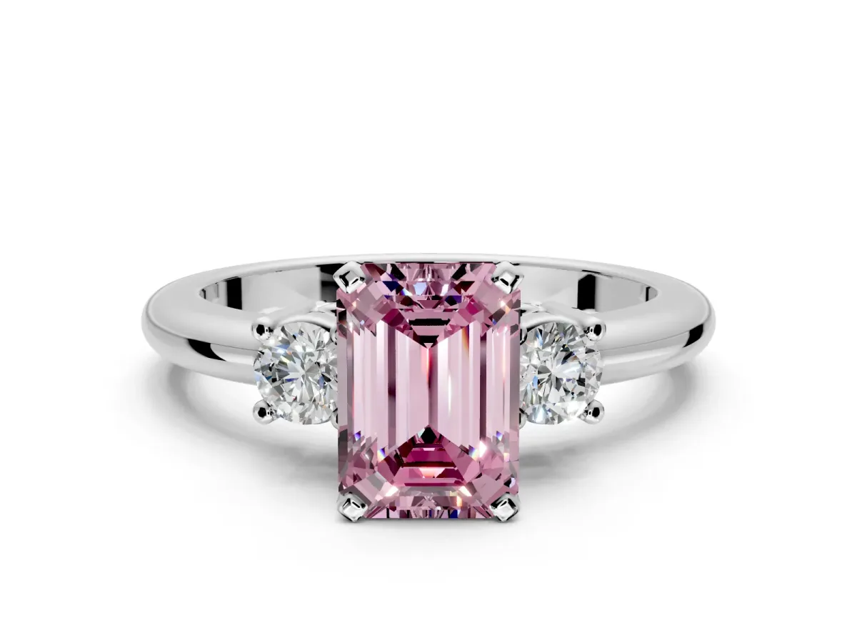 3 Stone Engagement Ring Setting for Fancy Pink Emerald Cut Center with Wide Plain Band and Prong Head in Platinum