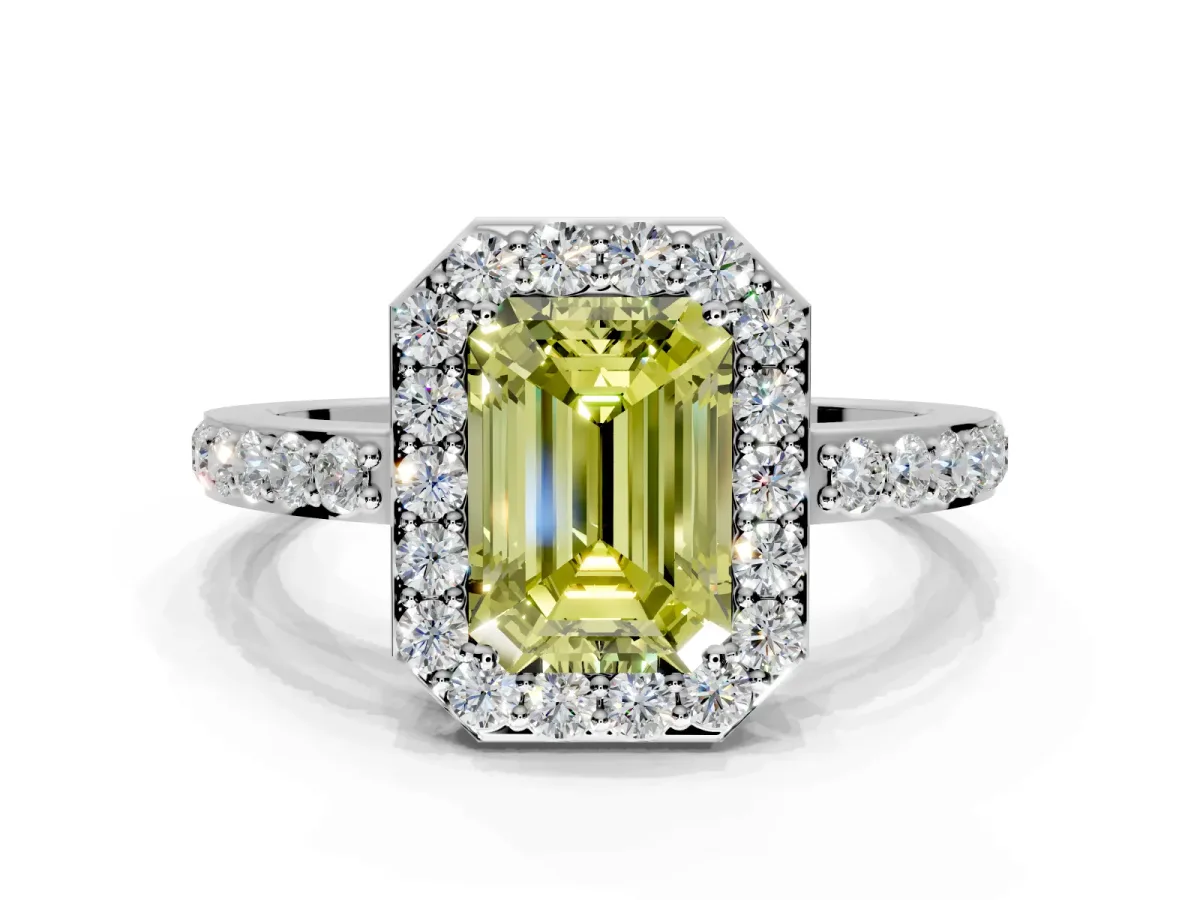 Halo Engagement Ring Setting for Fancy Yellow Emerald Cut Center with Heart-Shaped Openwork, Pave Band and Prong Head in Platinum