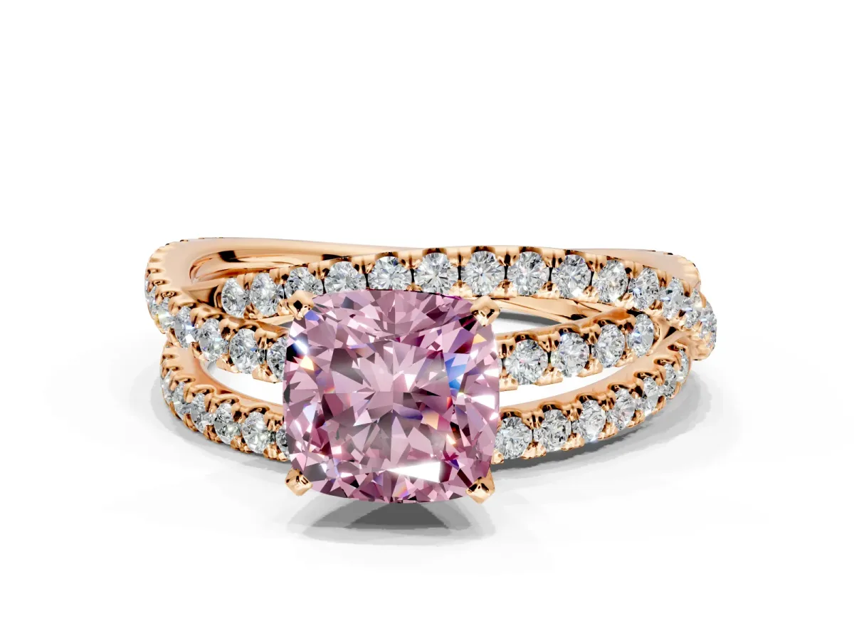 Solitaire Engagement Ring Setting for Fancy Pink Cushion Cut Center with Woven 3-Strand Pave Band and Prong Head in Rose Gold