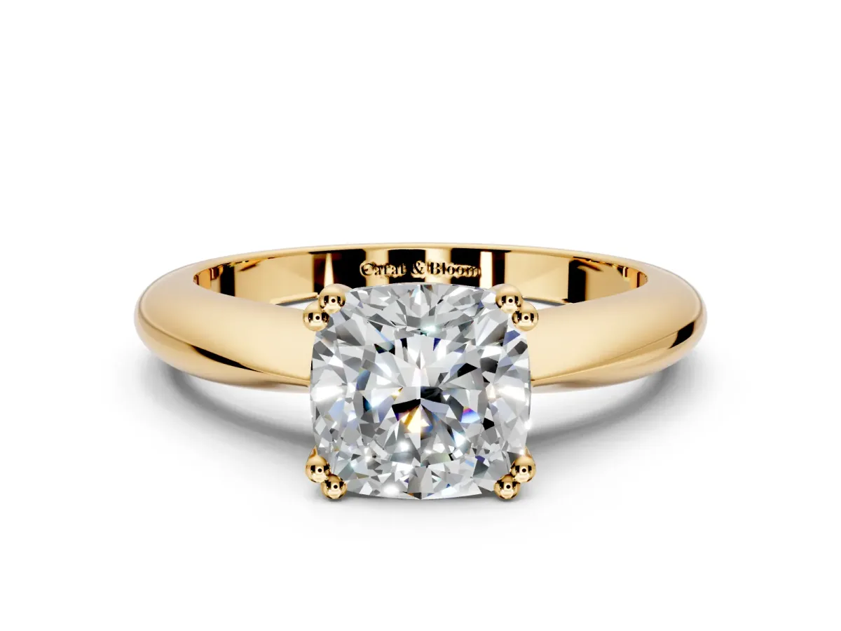 Solitaire Engagement Ring Setting for Cushion Cut Center with Reverse Tapered Band and Prong Head in Yellow Gold