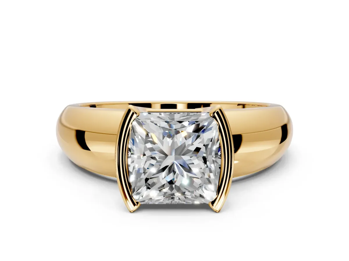 Tension Engagement Ring Setting for Princess Cut Center with Wide Flat Band and Tension Head in Yellow Gold