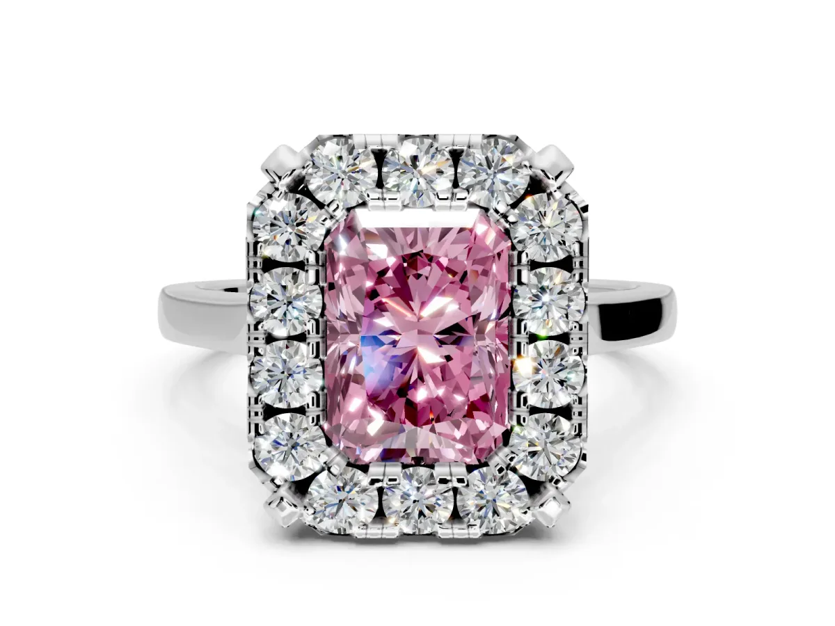 Single Halo Engagement Ring Setting for Fancy Pink Radiant Cut Center with Corner Claws, Plain Band and Prong Head in Platinum
