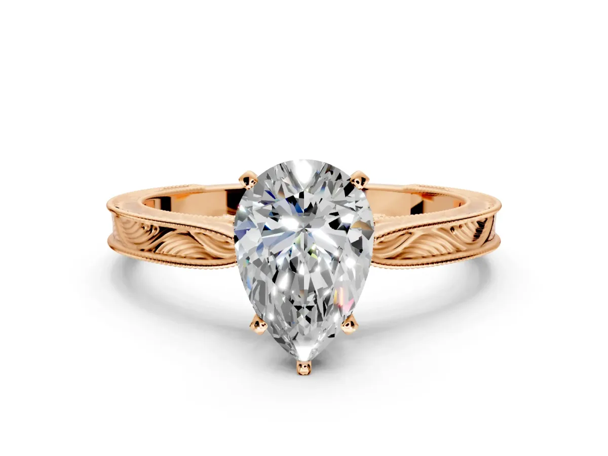 Solitaire Engagement Ring Setting for Pear-Shaped Center with Engraved Milgrain Band and Prong Head in Rose Gold
