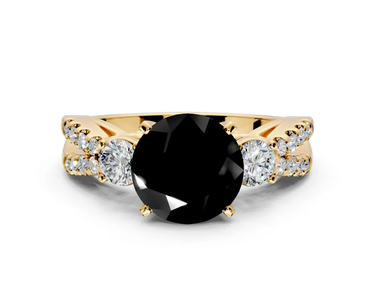 3 Stone Engagement Ring Setting for Fancy Black Round Cut Center with Pave Split Shank and Prong Head in Yellow Gold