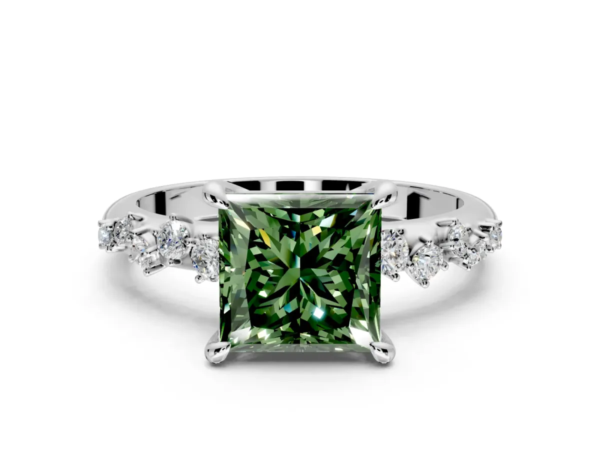 Solitaire Engagement Ring Setting for Fancy Green Princess Cut Center with Trailing Leaf Accent Band and Prong Head in Platinum