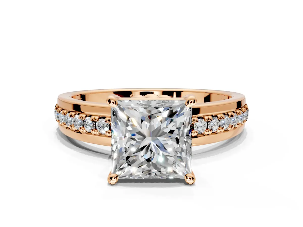 Solitaire Engagement Ring Setting for Princess Cut Center with Raised Channel Band and Prong Head in Rose Gold
