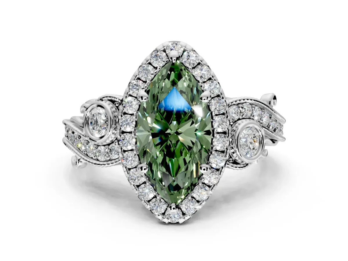 Milgrain Halo Engagement Ring Setting for Fancy Green Marquise Center with Shoulder Bezels and Prong Head in Sterling Silver