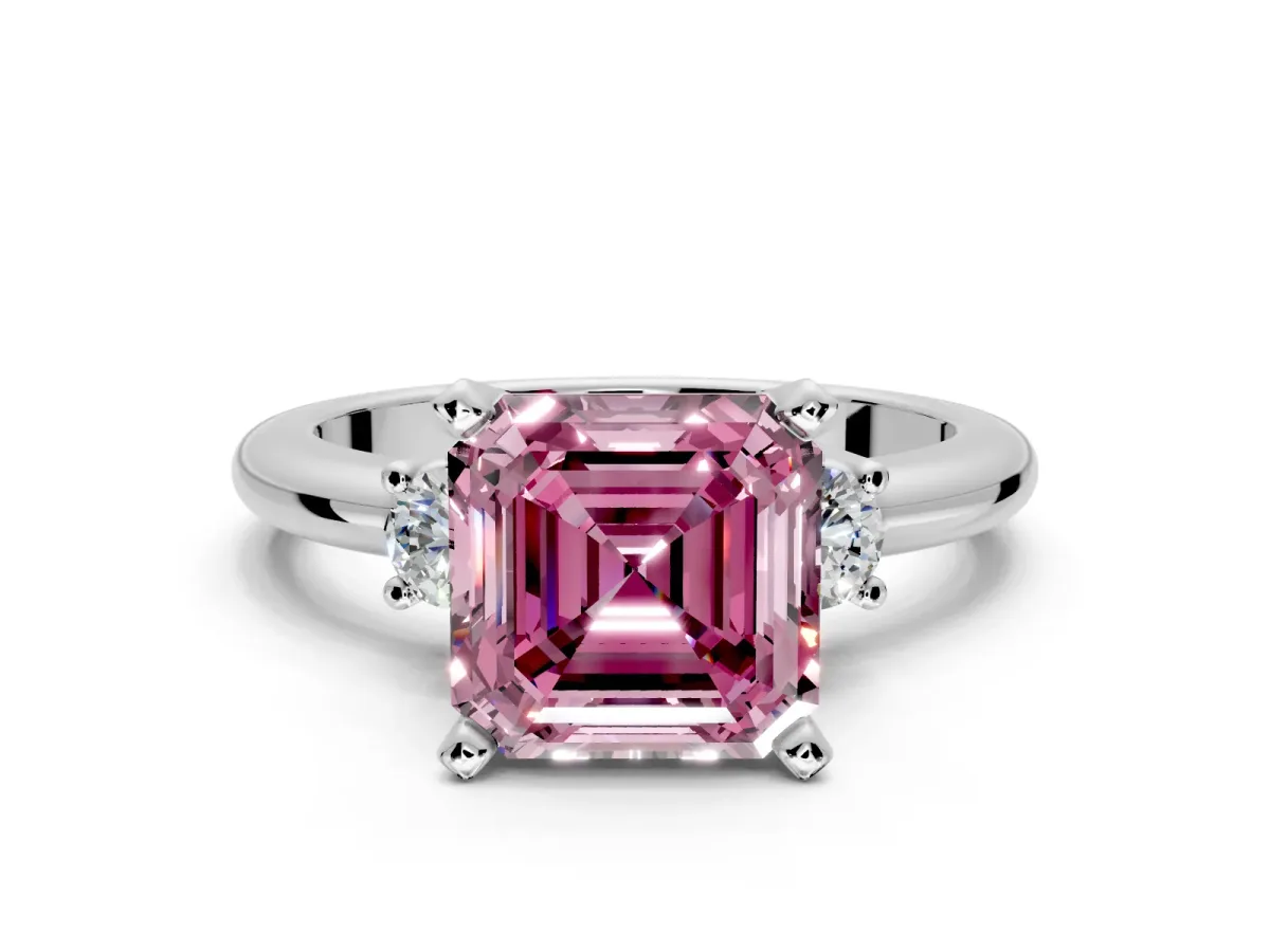 3 Stone Engagement Ring Setting for Fancy Pink Asscher Cut Center with Wide Plain Band and Prong Head in Platinum