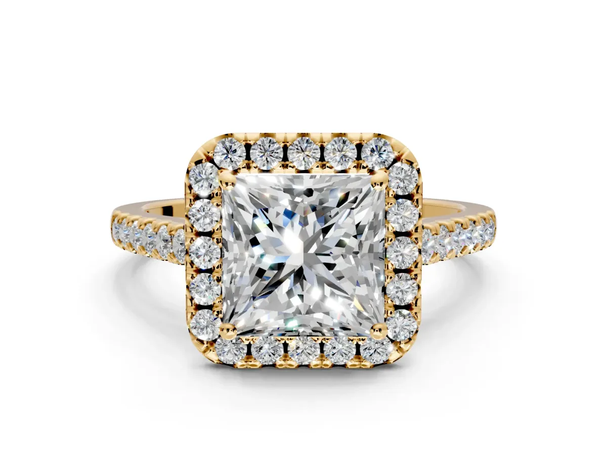 Halo Engagement Ring Setting for Princess Cut Center with Narrowing Pave Band and Prong Head in Yellow Gold