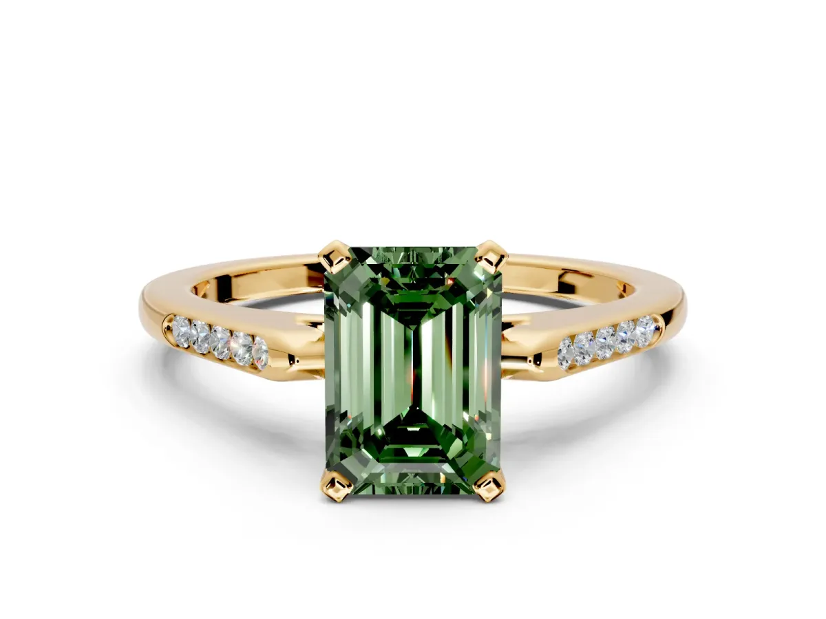 Solitaire Engagement Ring Setting for Fancy Green Emerald Cut Center with Channel Accents and Prong Head in Yellow Gold