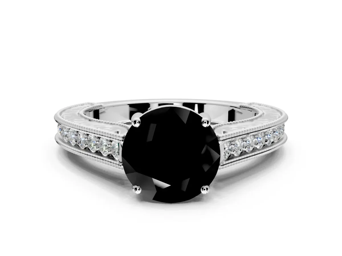 Solitaire Engagement Ring Setting for Fancy Black Round Cut Center with Engraved Pave Band and Prong Head in Sterling Silver