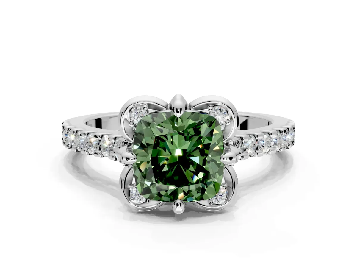 Floral Engagement Ring Setting for Fancy Green Cushion Cut Center with Pave Band and Floral Prong Head in Platinum