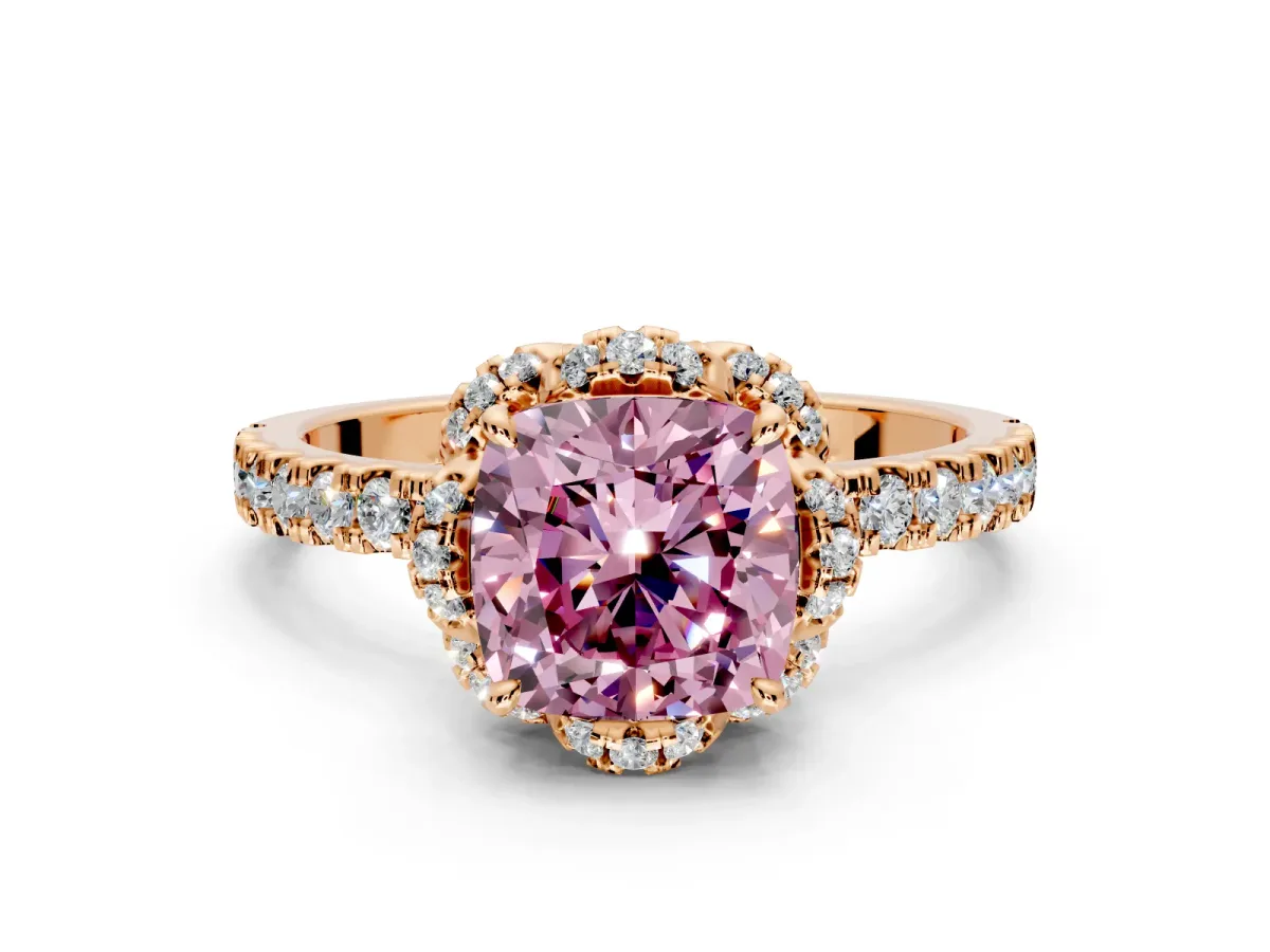 Halo Engagement Ring Setting for Fancy Pink Cushion Cut Center with Openwork Halo, Pave Band and Prong Head in Rose Gold