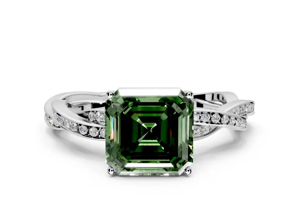 Solitaire Engagement Ring Setting for Fancy Green Asscher Cut Center with Twisted Pave Band and Prong Head in Platinum