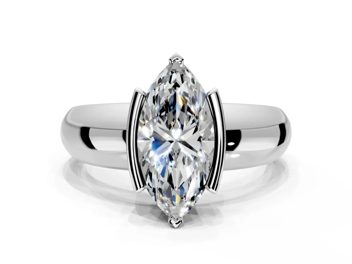 Tension Engagement Ring Setting for Marquise Center with Wide Flat Band and Tension Head in White Gold