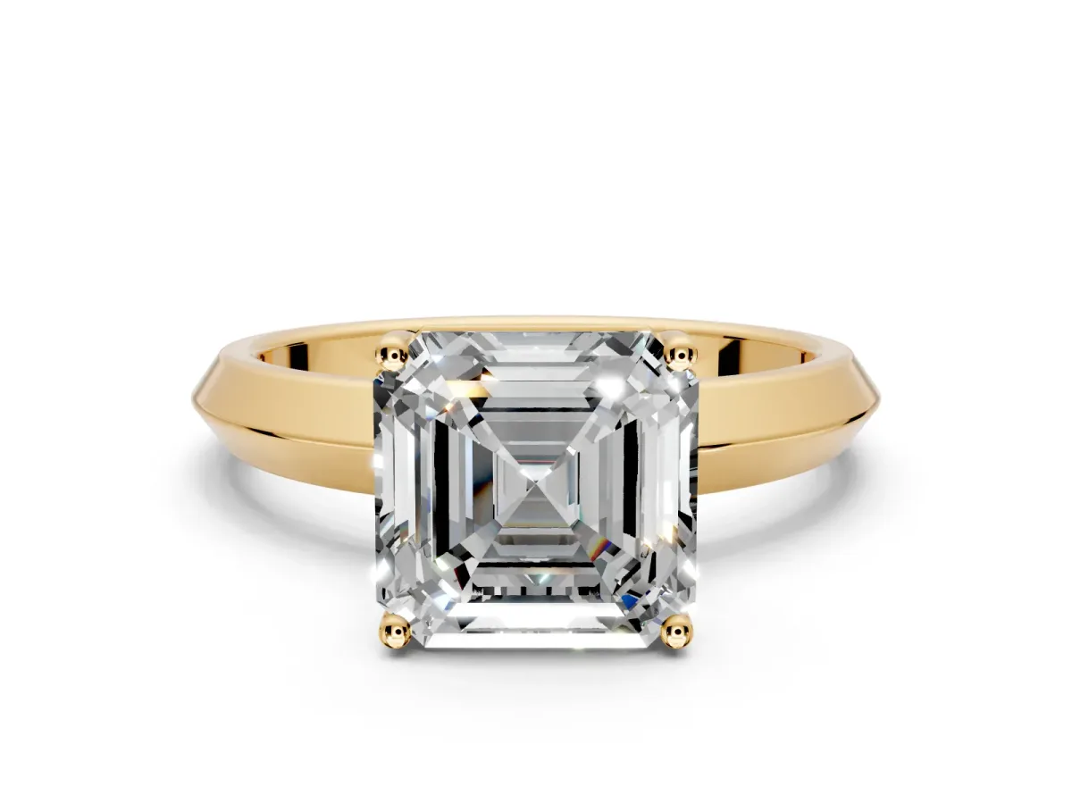 Solitaire Engagement Ring Setting for Asscher Cut Center with Wide Knife Ridge Band and Prong Head in Yellow Gold