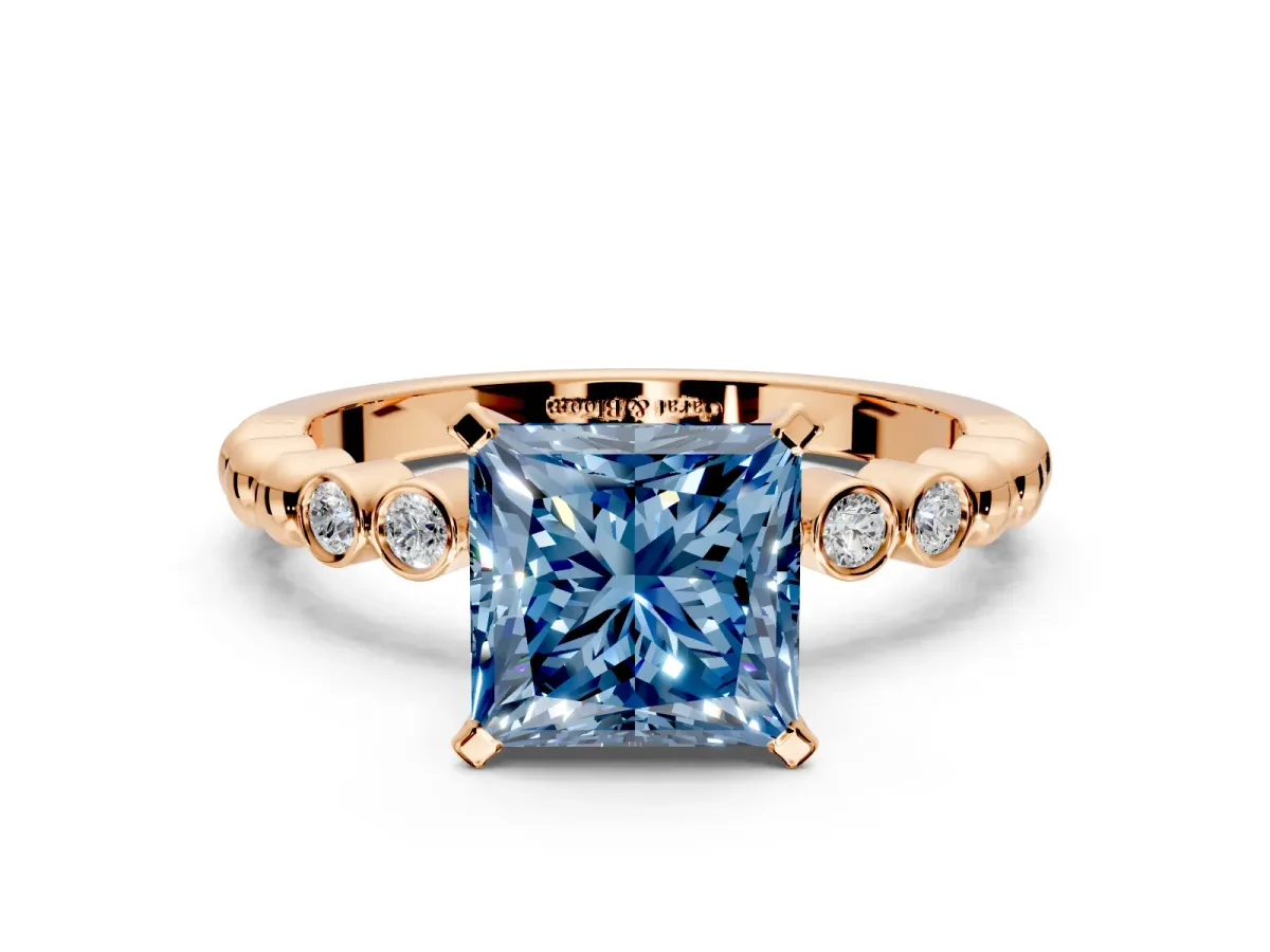 Solitaire Engagement Ring Setting for Fancy Blue Princess Cut Center with Bezel-Dot Beaded Band and Prong Head in Rose Gold