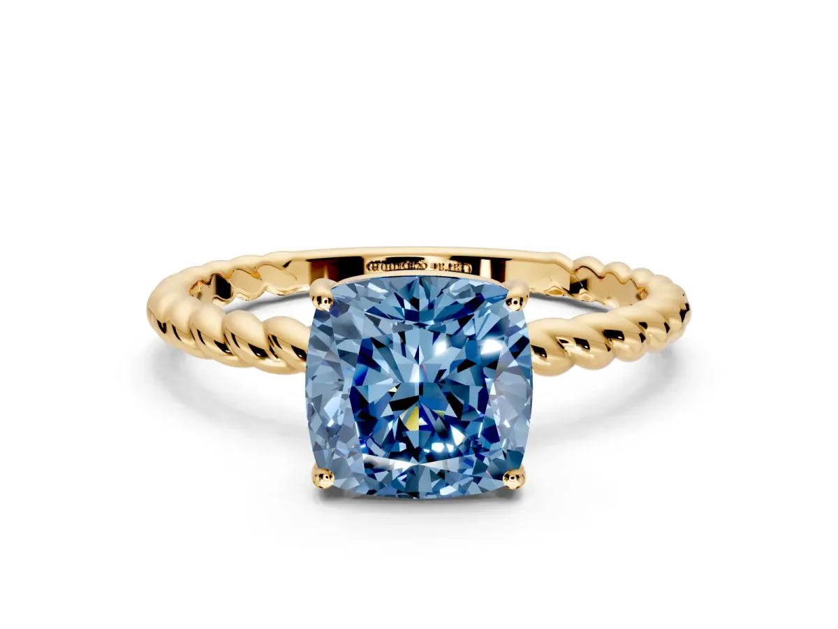 Solitaire Engagement Ring Setting for Fancy Blue Cushion Cut Center with Plain Twisted Rope Band and Prong Head in Yellow Gold