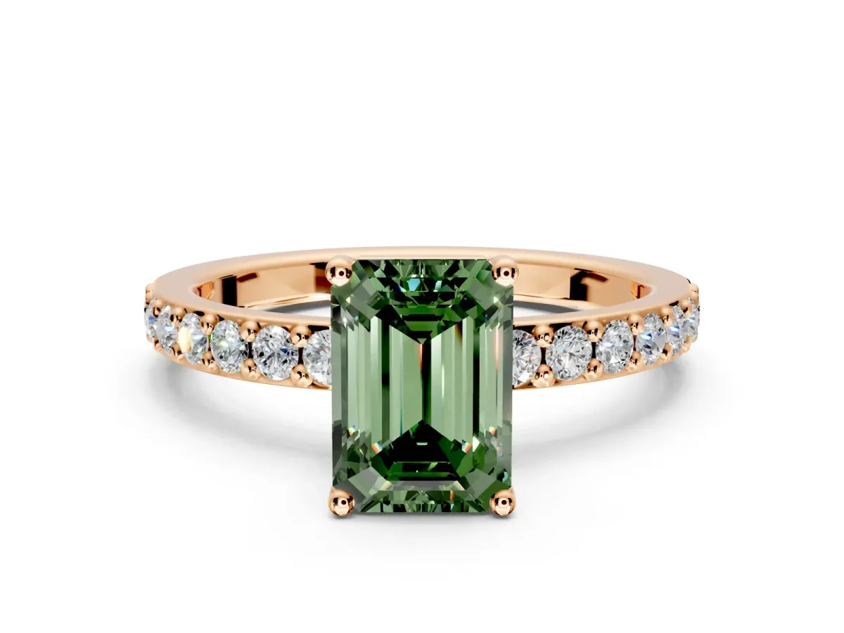 Solitaire Engagement Ring Setting for Fancy Green Emerald Cut Center with Round Cut Pave Band and Prong Head in Rose Gold