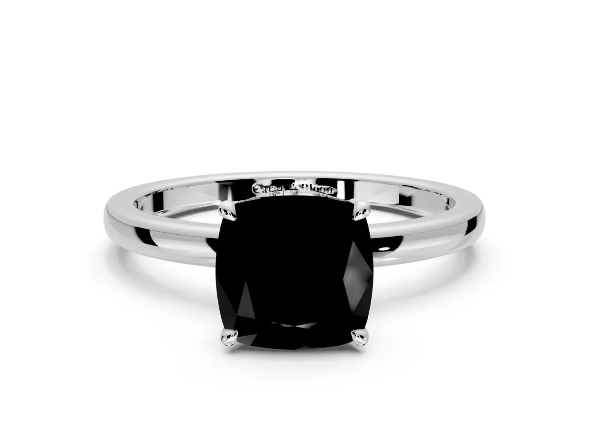 Hidden Halo Engagement Ring Setting for Fancy Black Cushion Cut Center with Plain Band and Tall Prong Head in White Gold
