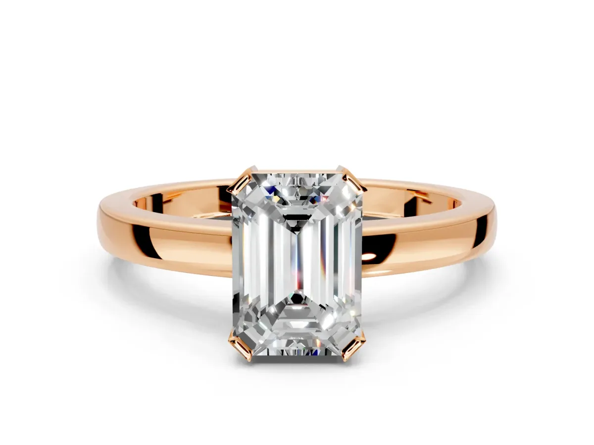 Solitaire Engagement Ring Setting for Emerald Cut Center with Plain Band and Flat Tab Prong Head in Rose Gold