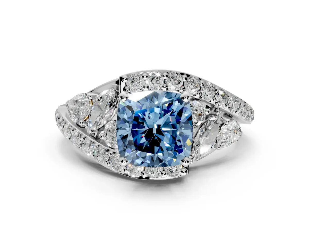 Halo Engagement Ring Setting for Fancy Blue Cushion Cut Center with Marquise and Pave Bypass Band and Prong Head in Platinum