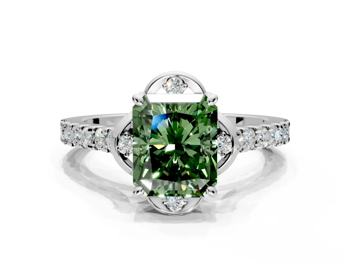 Floral Engagement Ring Setting for Fancy Green Radiant Cut Center with Pave Band and Floral Prong Head in White Gold