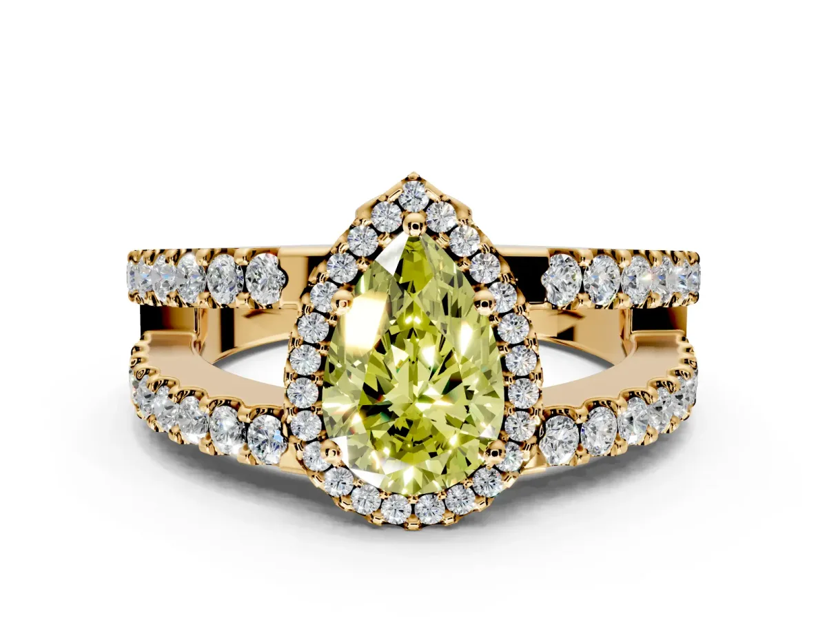 Halo Engagement Ring Setting for Fancy Yellow Pear-Shaped Center with Wide-Open Pave Split Shank and Prong Head in Yellow Gold