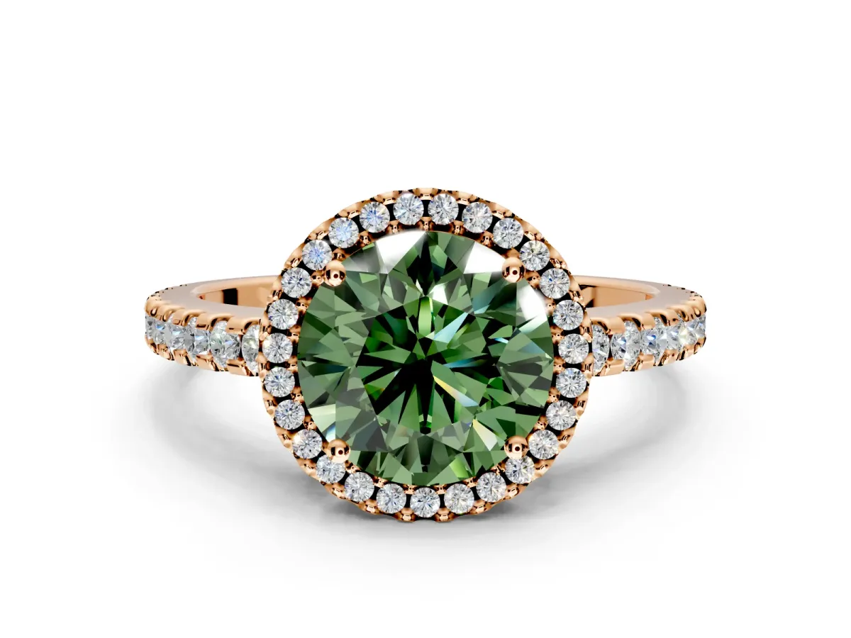 Accent Halo Engagement Ring Setting for Fancy Green Round Cut Center with Full-Length Pave Band and Prong Head in Rose Gold