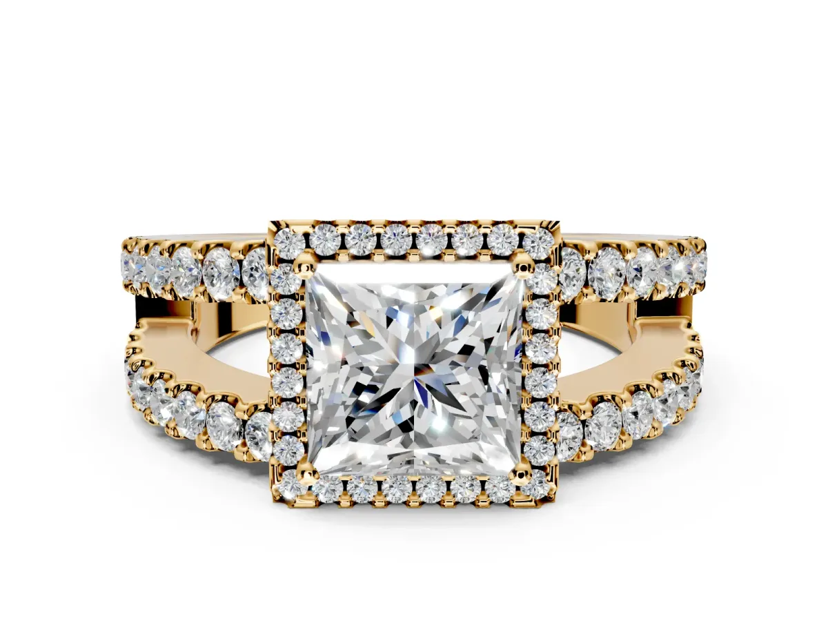 Halo Engagement Ring Setting for Princess Cut Center with Wide-Open Pave Split Shank and Prong Head in Yellow Gold