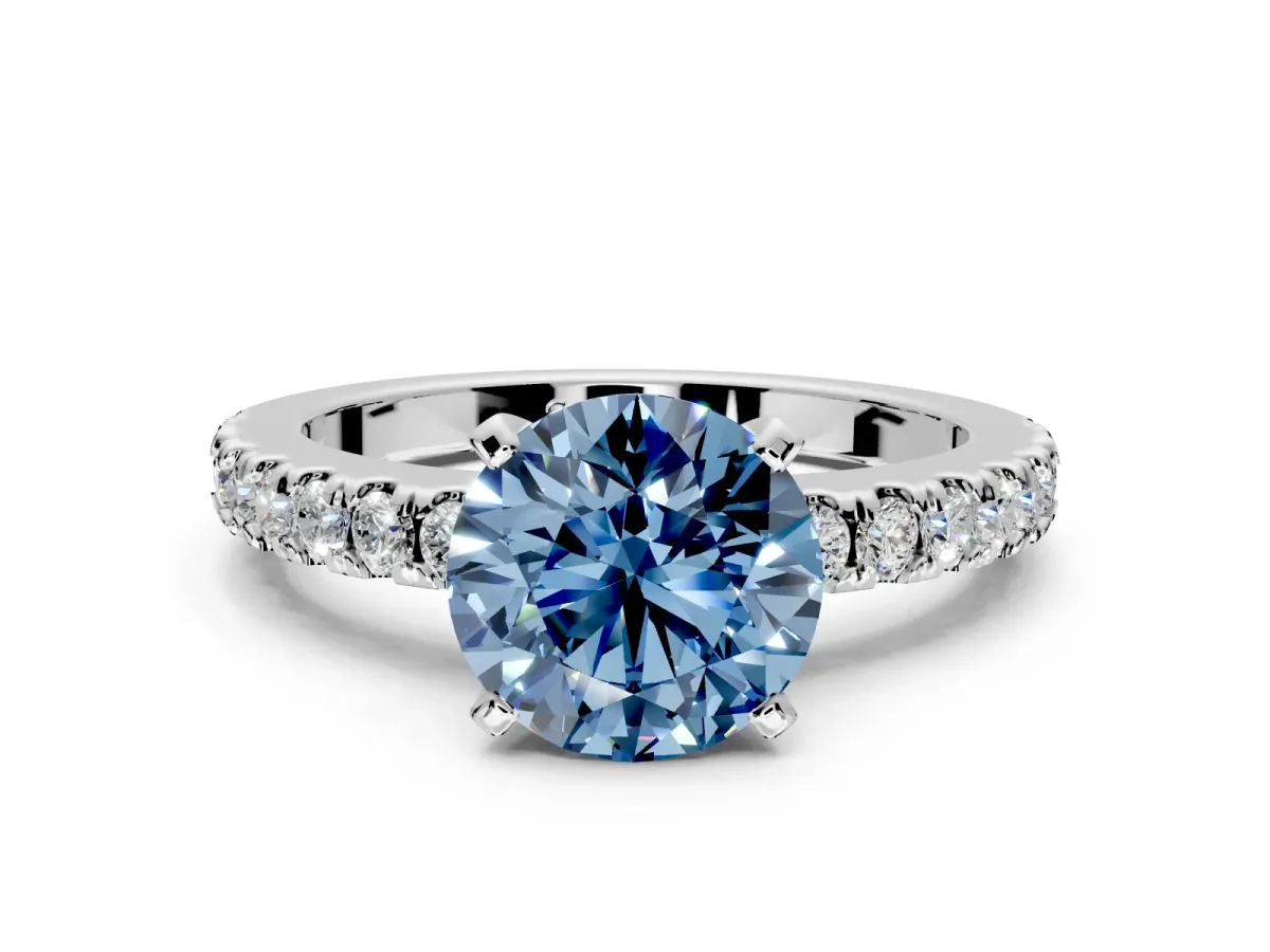 Solitaire Engagement Ring Setting for Fancy Blue Round Cut Center with Single Row Accent Band and Prong Head in Sterling Silver